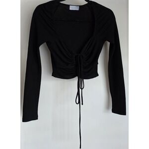 Isalis Women S Black Long Sleeve Scoop Neck Blouse Crop Top Front Tie